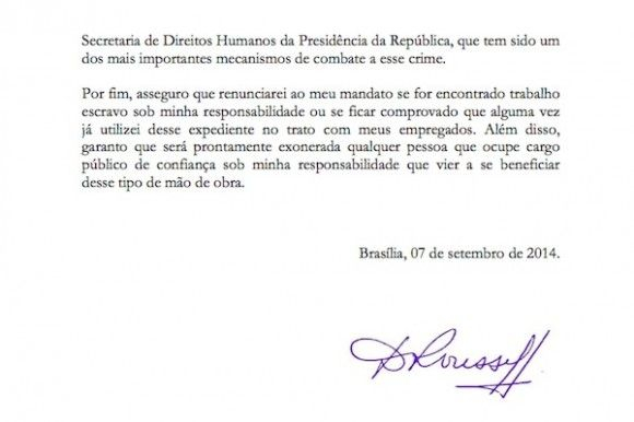 Assinatura da presidenciável Dilma Rousseff (PT) à Carta-Compromisso contra o Trabalho Escravo de 2014